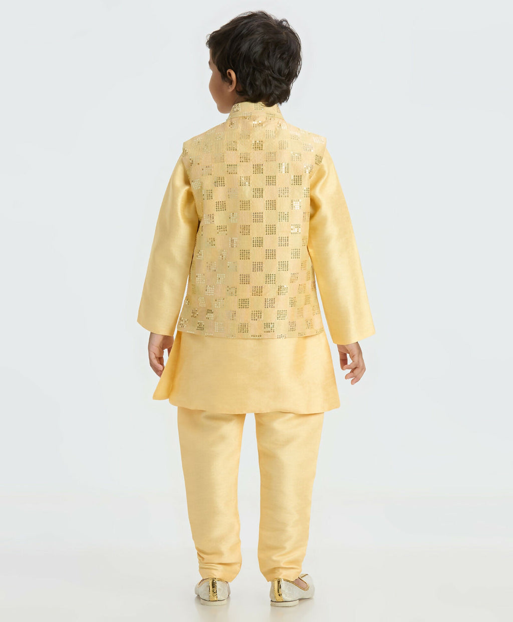 Boys Golden Kurta Pyjama Set with Nehru Jacket