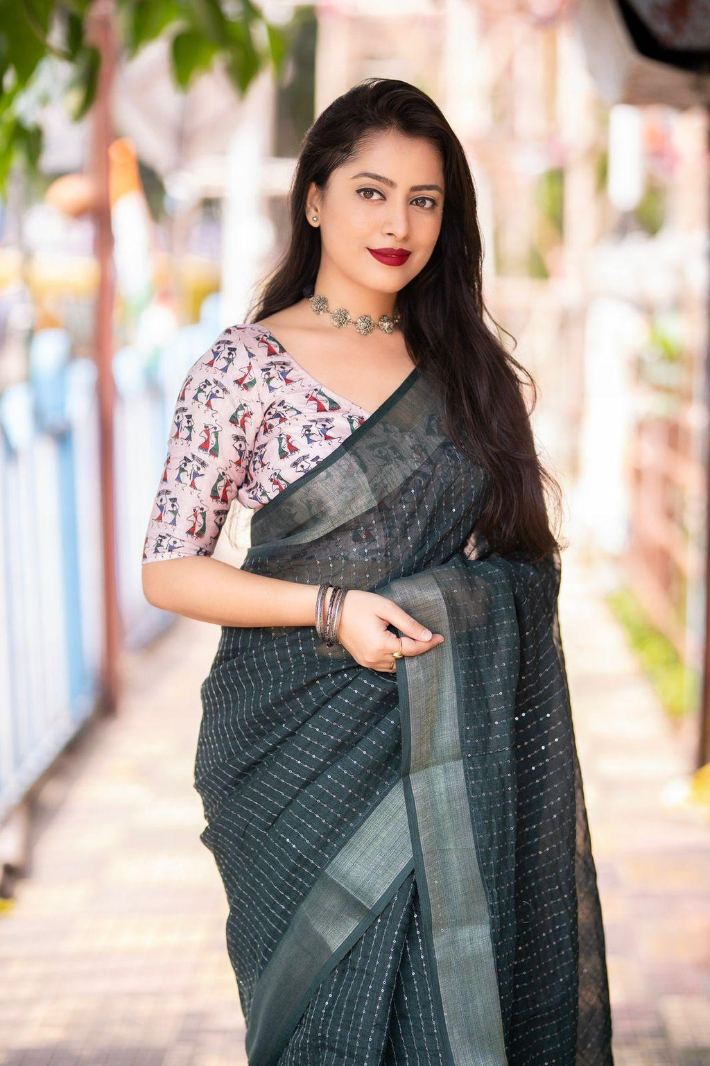 Green Linen Sequence Saree with Unstitched Blouse - Hiral Fashion