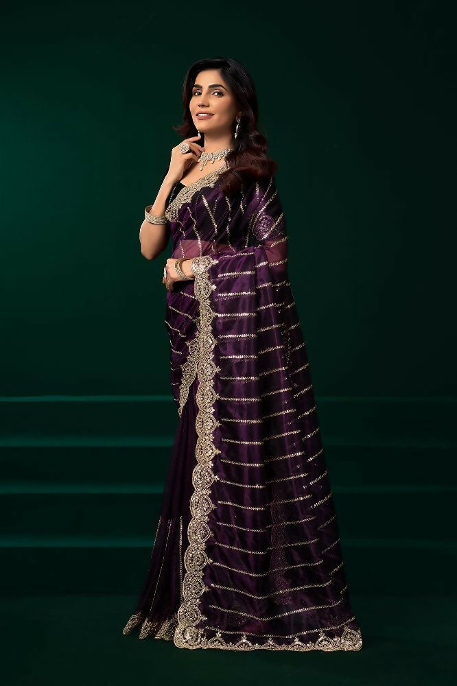 Wine Net Party Wear Saree with Contrast Black Velvet Blouse