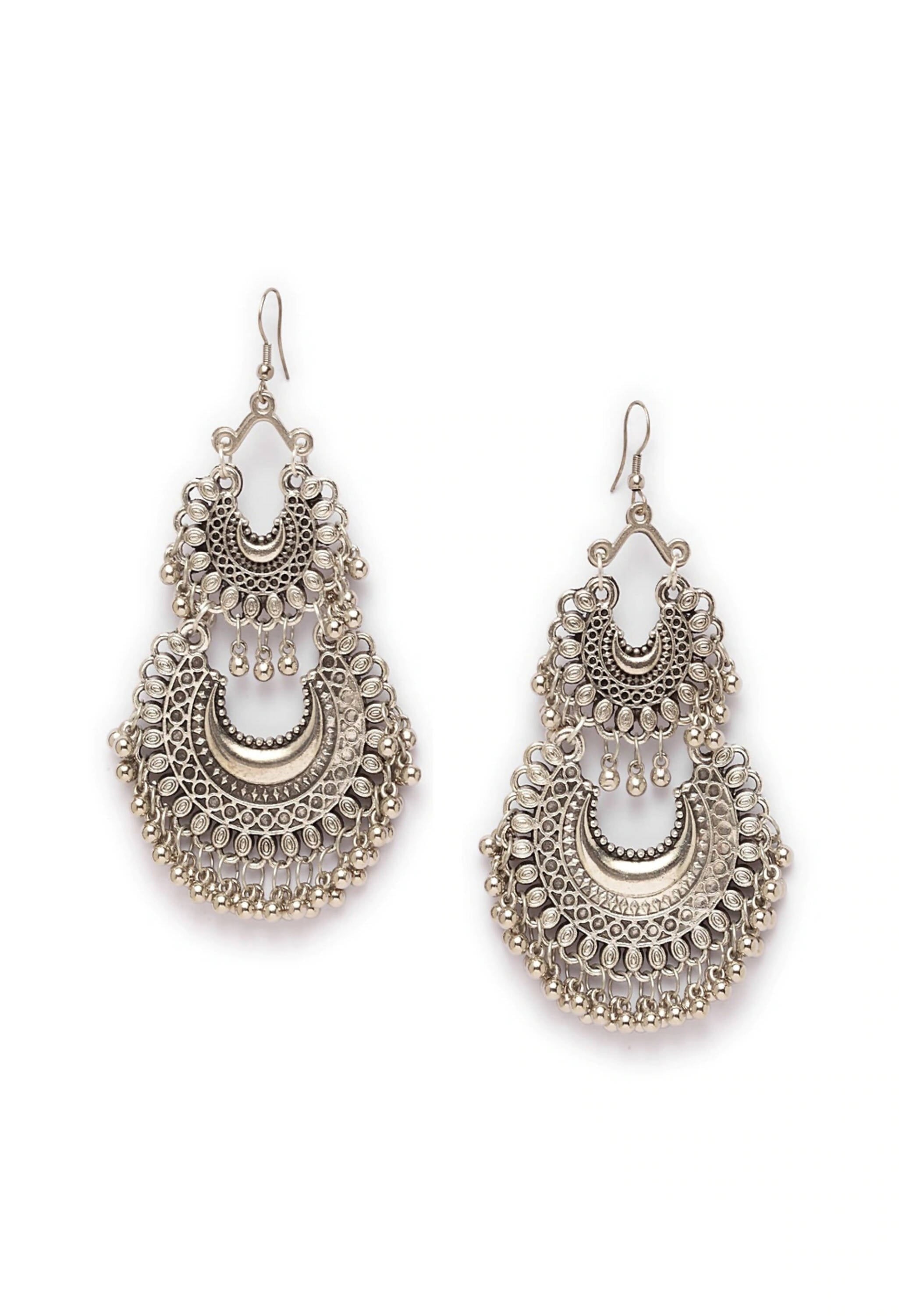 Silver-plated Johar Kamal Chandbali earrings with intricate design