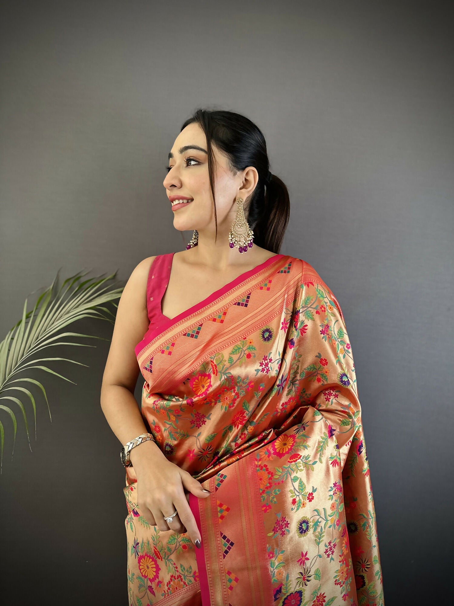 Peach Floral and Leaf Motif Soft Silk Paithani Saree
