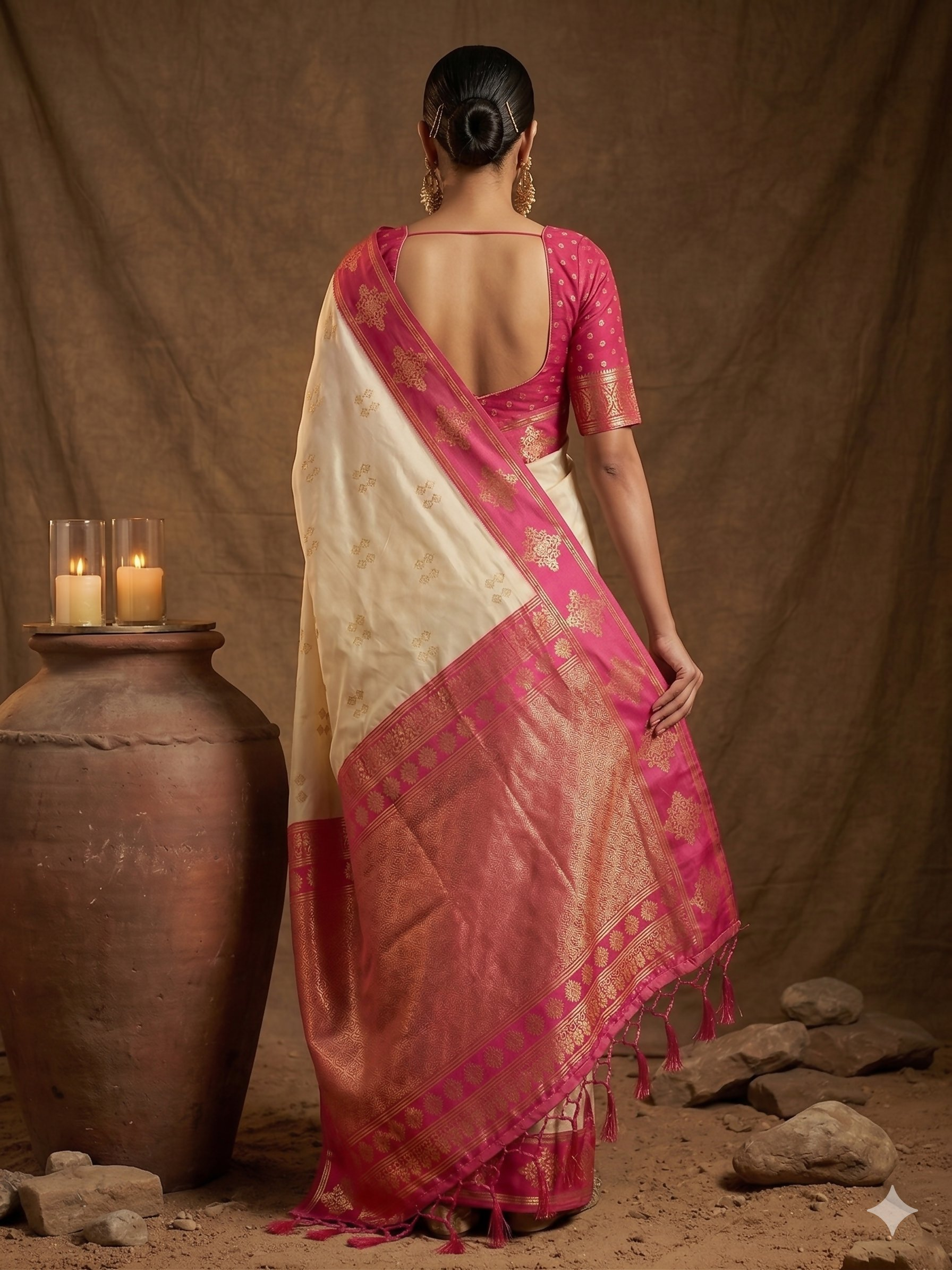 Cream Soft Silk Saree with Contrast Pink Blouse Piece