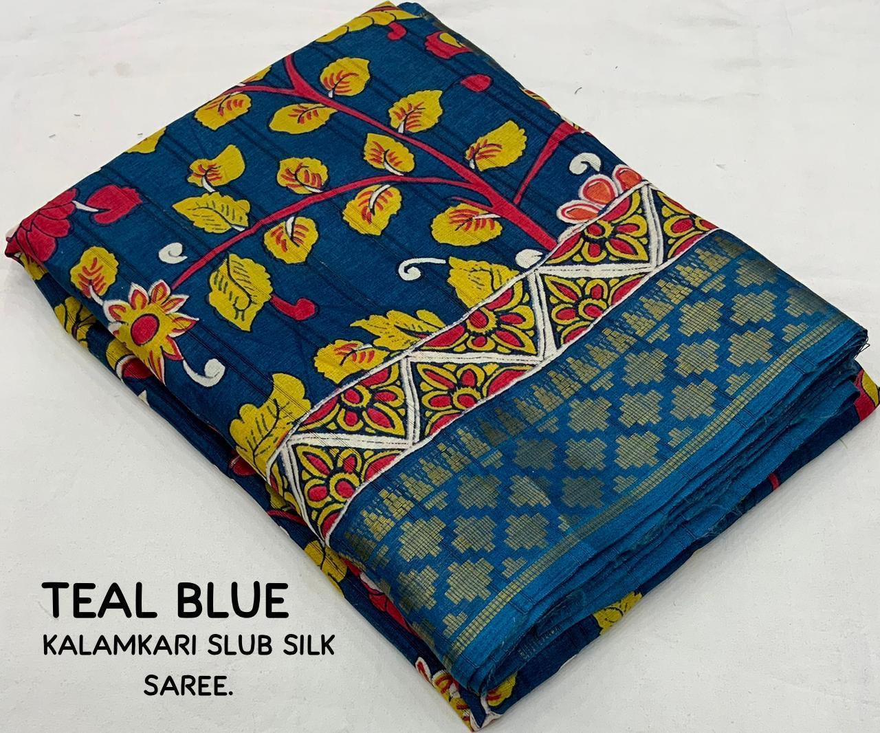 Blue Slub Silk Saree with Kalamkari Print and Jacquard Zari Border