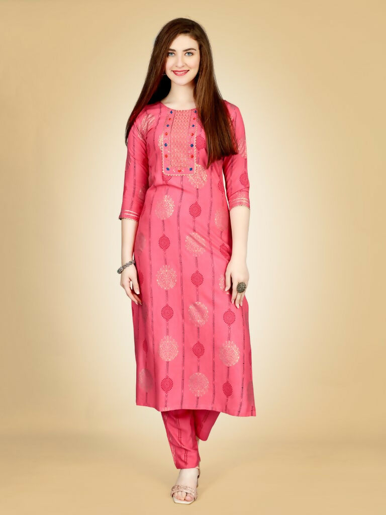 Women's Pink Embroidered Straight Kurta Pant Set in Viscose Rayon