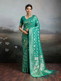 Vibrant Rama Green silk blend saree including matching blouse fabric