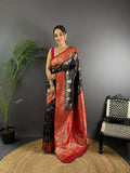 Red Banarasi silk saree with intricate butti embroidery and unstitched blouse piece