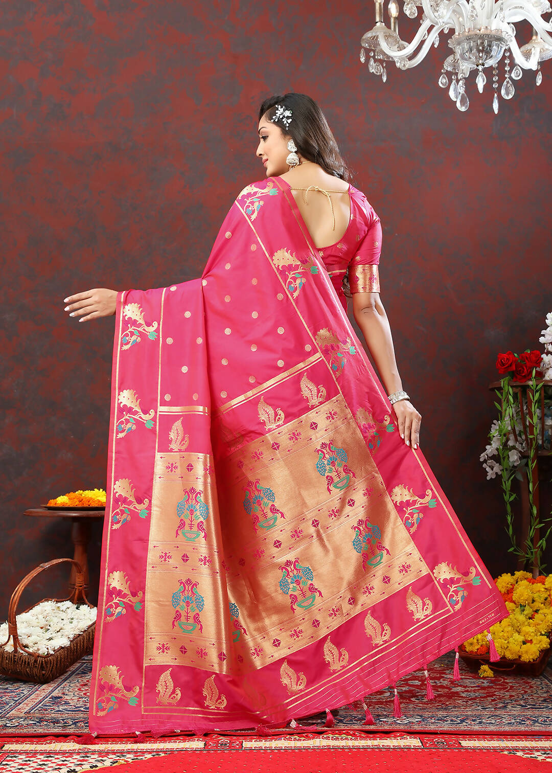 Pink Soft Paithani Silk Saree with Copper Zari Meenakari Weaving