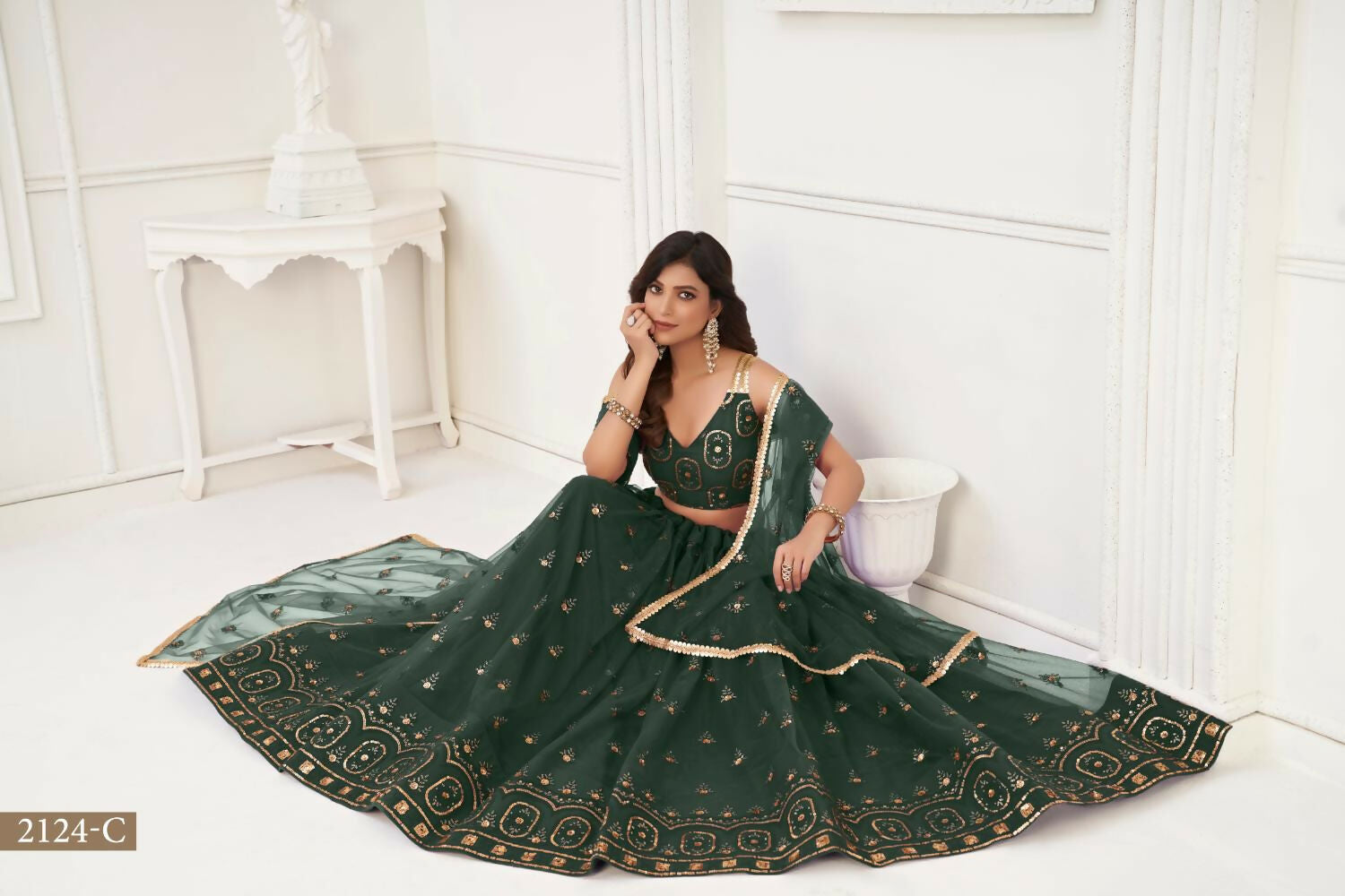 Dark Green Butterfly Net Lehenga with Sandwich Sequence Work