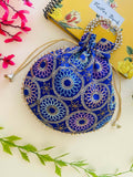 Elegant blue synthetic potli bag with drawstring closure for ethnic occasions