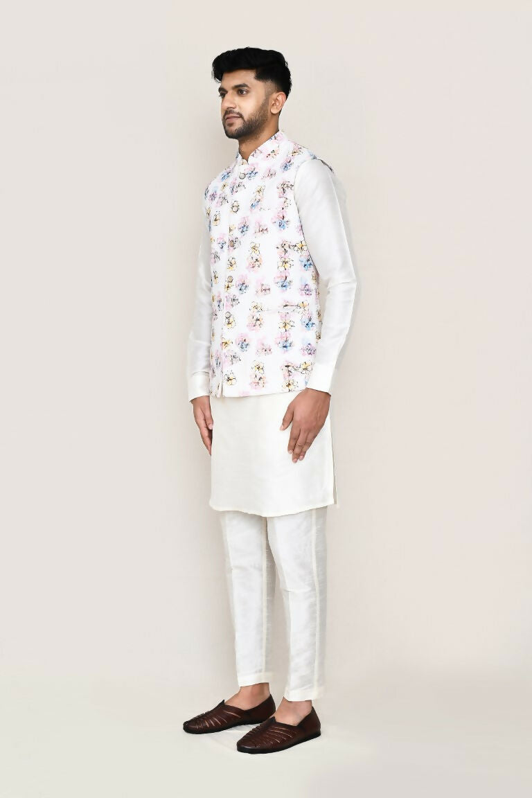 White Art Silk Kurta with Matching Jacket and Straight Fit Pant