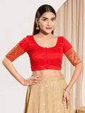 Joban Fashion Red Taffeta Silk Padded Blouse With Round Neck Elbow Sleeves