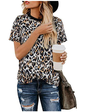 Women's Leopard Print Round Neck Short Sleeve Casual T-Shirt - Image 2