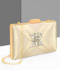 Luxurious gold satin evening clutch with removable chain strap