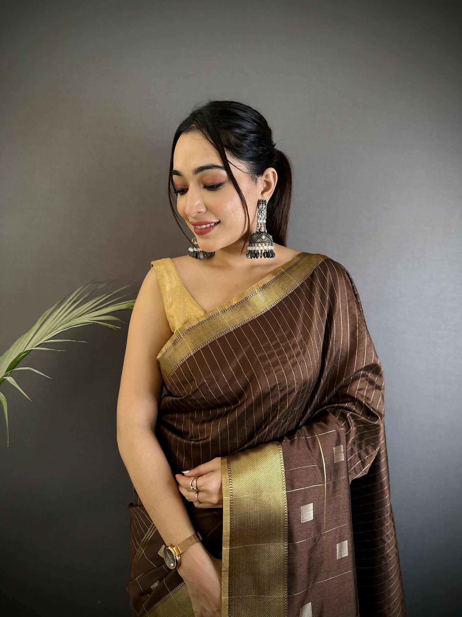 Joban Fashion Chocolate Brown Bhagalpuri Cotton Silk Stripes/Box Saree