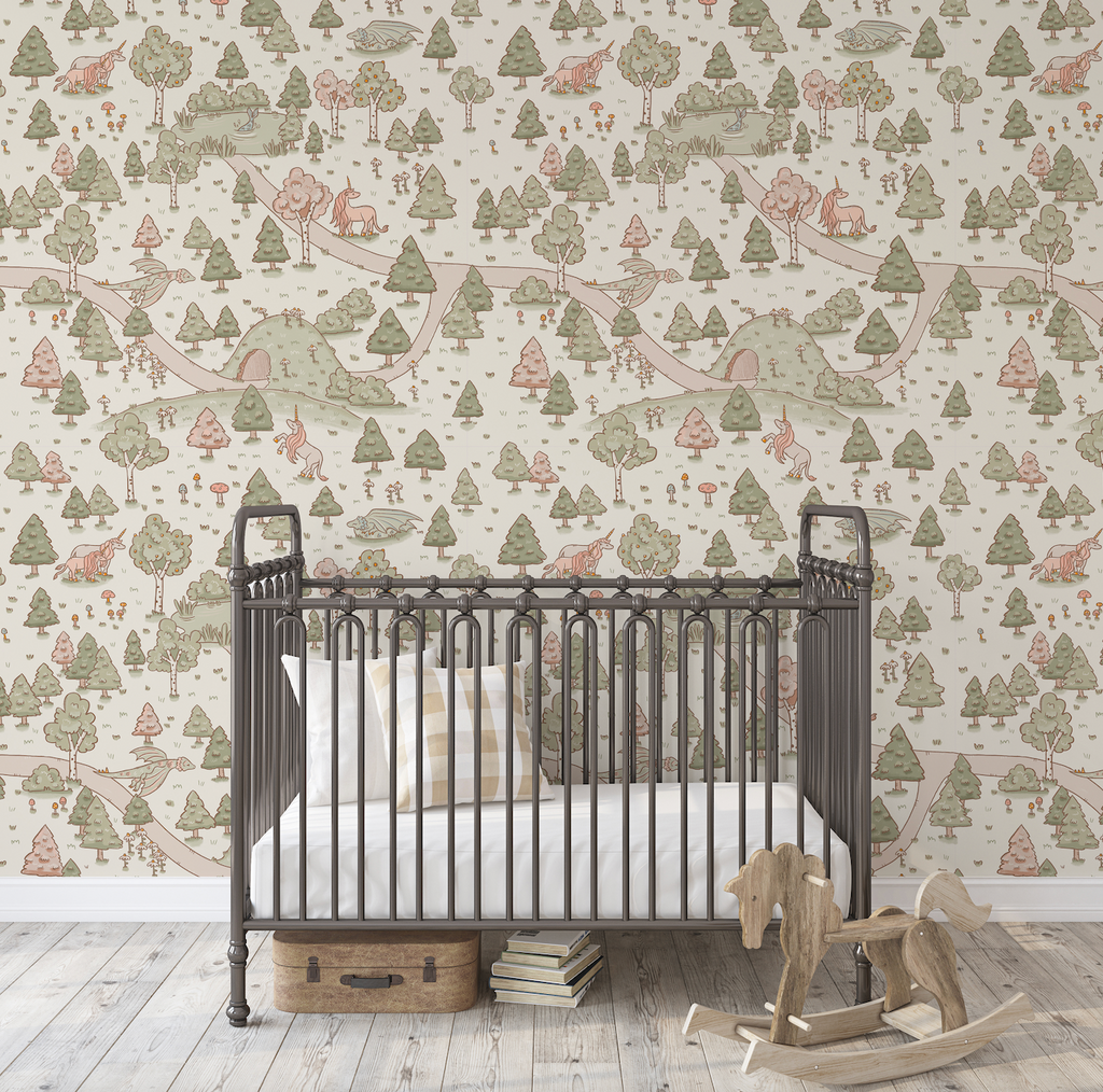 Aubrette Whimsical Storybook Wallpaper - Green, Pink & Beige