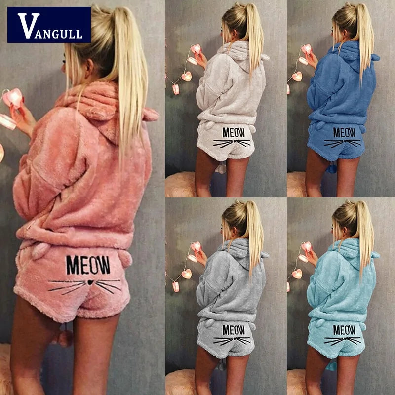 Collage of a person wearing pink, gray, and blue fleece hoodies with 'MEOW' text on shorts.