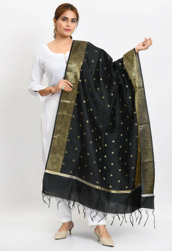 A luxurious black Banarsi silk dupatta with intricate gold woven patterns for women.