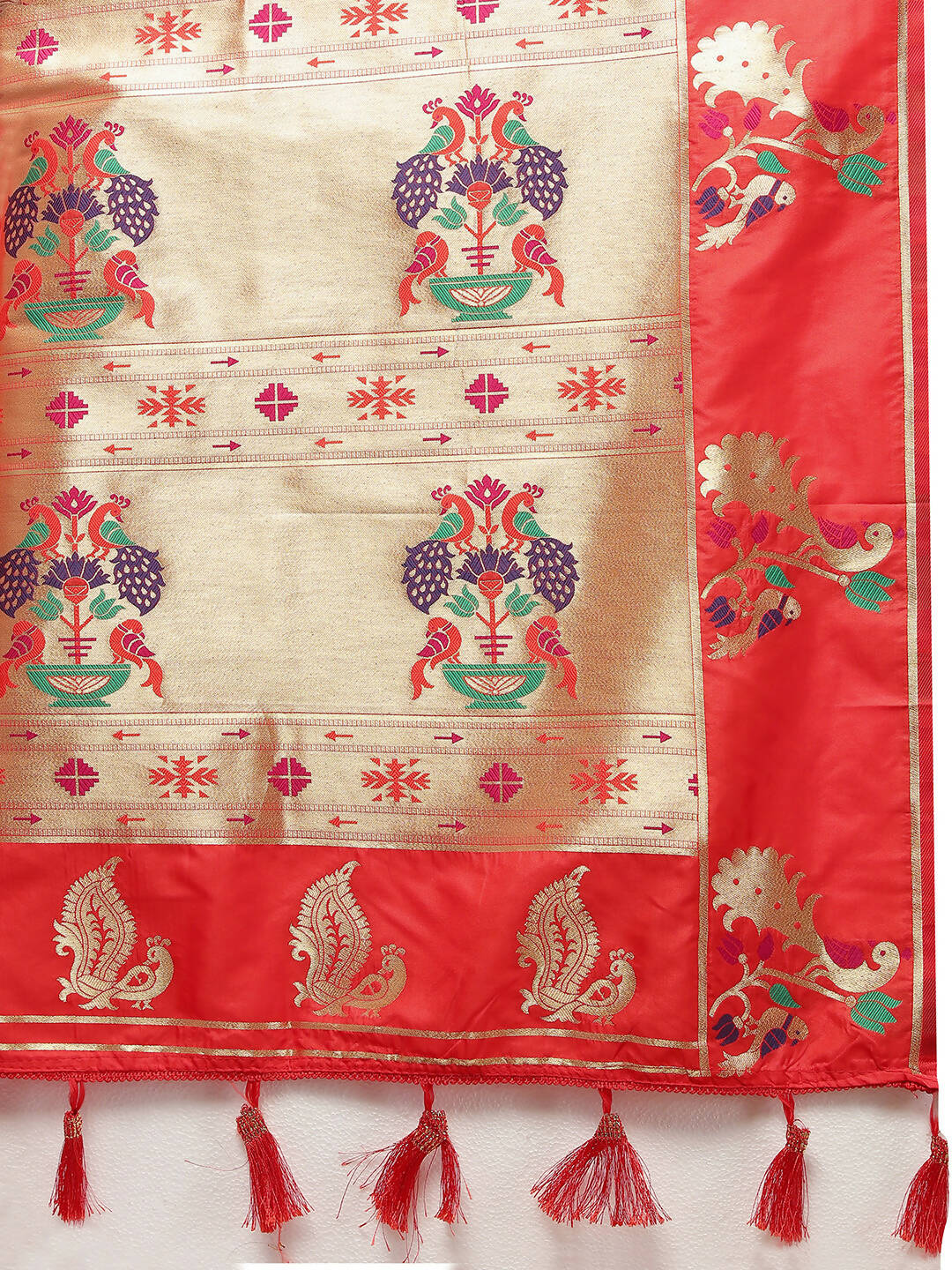 Red Soft Paithani Silk Saree with Gold Zari Meenakari Weaving