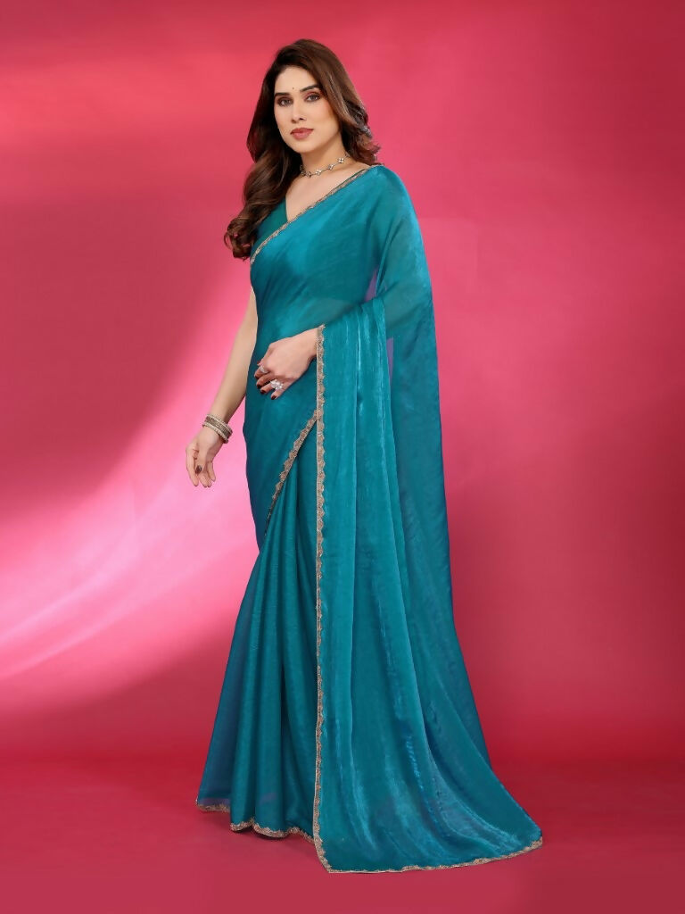 PR Fashion Firozi Jimmy Choo Fabric Palin With Work Lace Saree