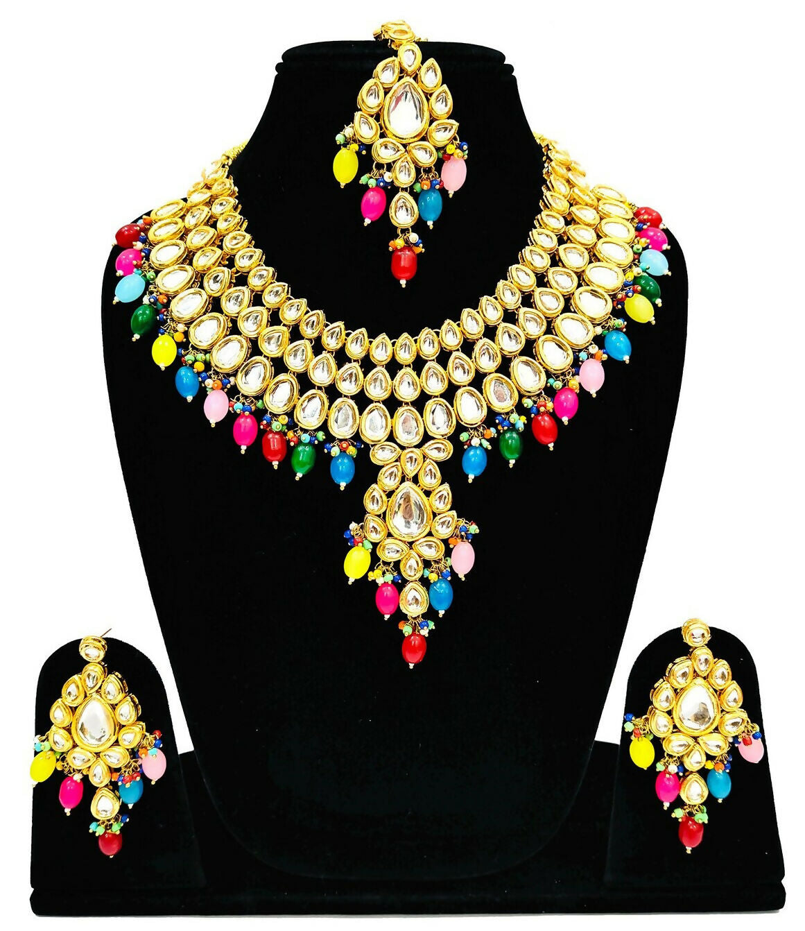 Handmade gold plated Kundan stone studded jewelry set in multicolor