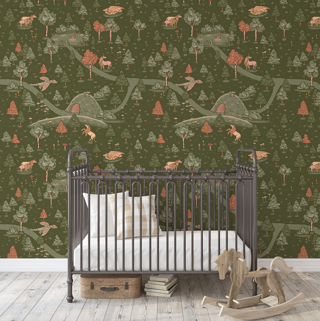 Aubrette Whimsical Storybook Wallpaper - Green, Pink & Beige