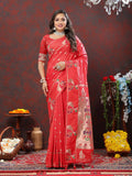 Red soft Paithani silk saree with ornate copper zari meenakari detailing