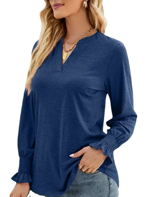 Women Long Sleeve V-Neck Lightweight Sweatshirt with Smocked Cuffs - Image 2