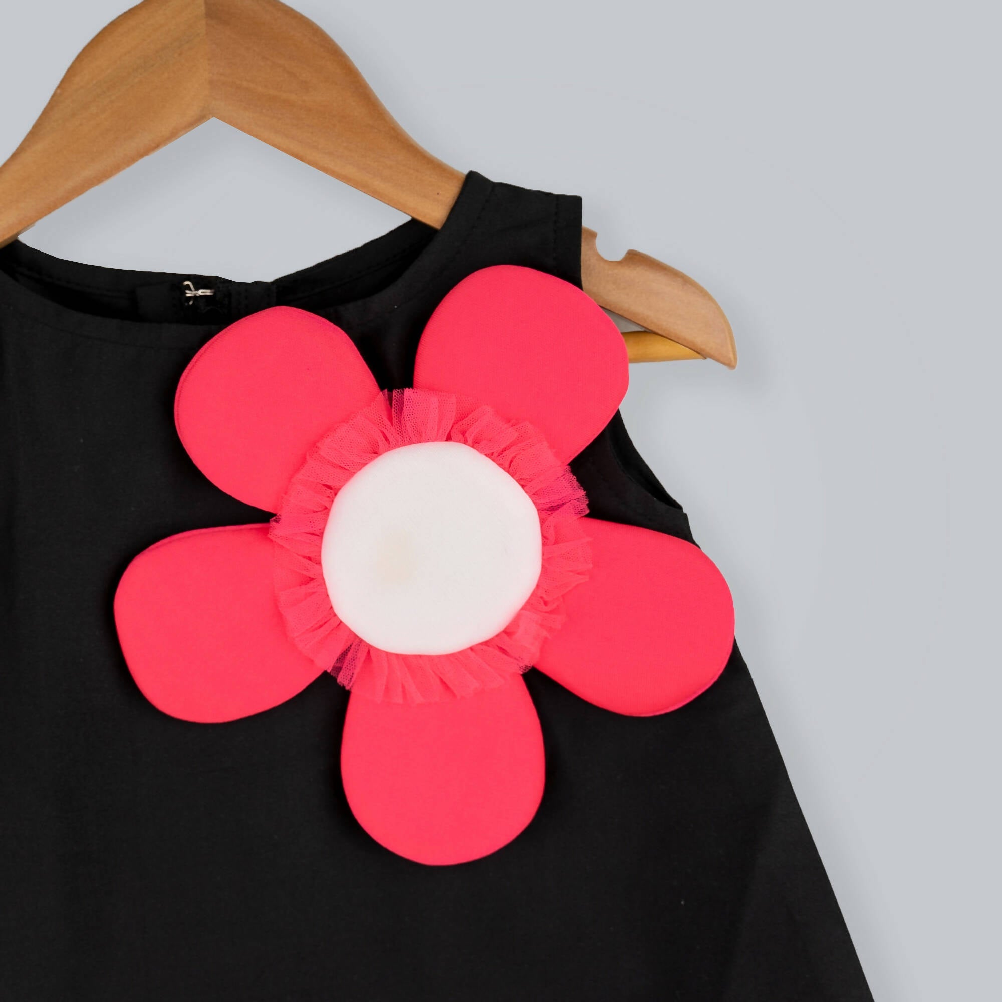 Girls Black Taffeta Dress with Pink and White Flower Appliqué