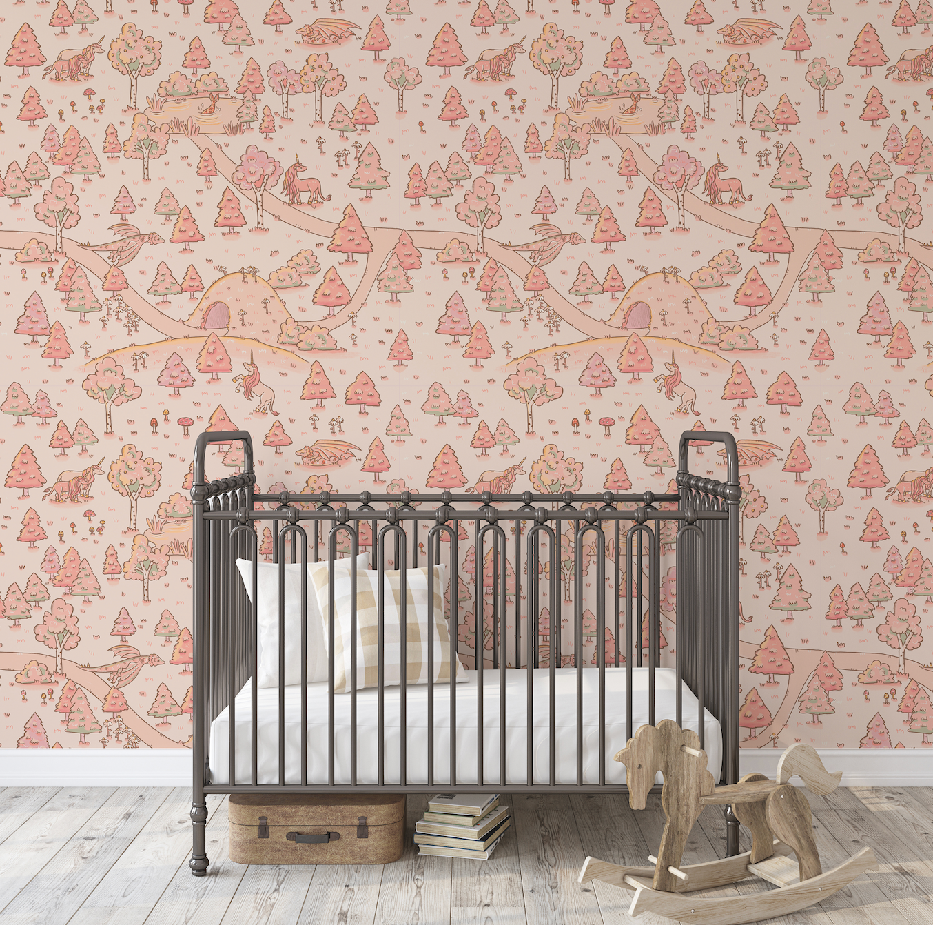 Aubrette whimsical storybook patterned wallpaper in green, pink, and beige