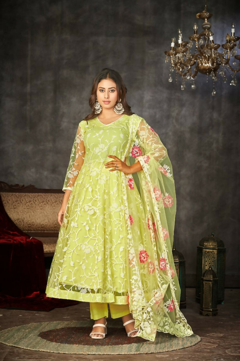 Pista green net embroidered Anarkali kurta pant set