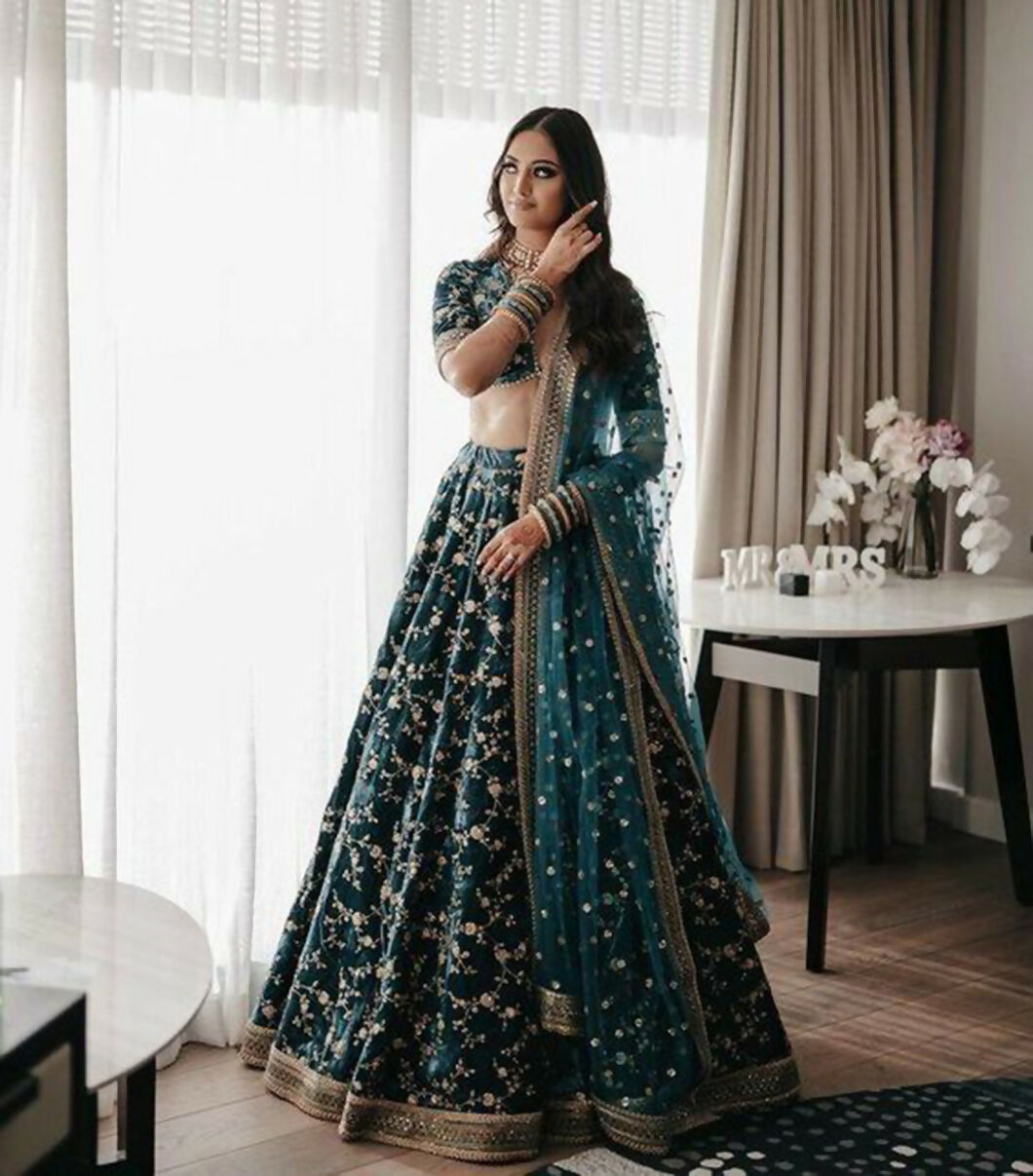 Bottle Green Velvet Lehenga Choli with Cording & Sequins