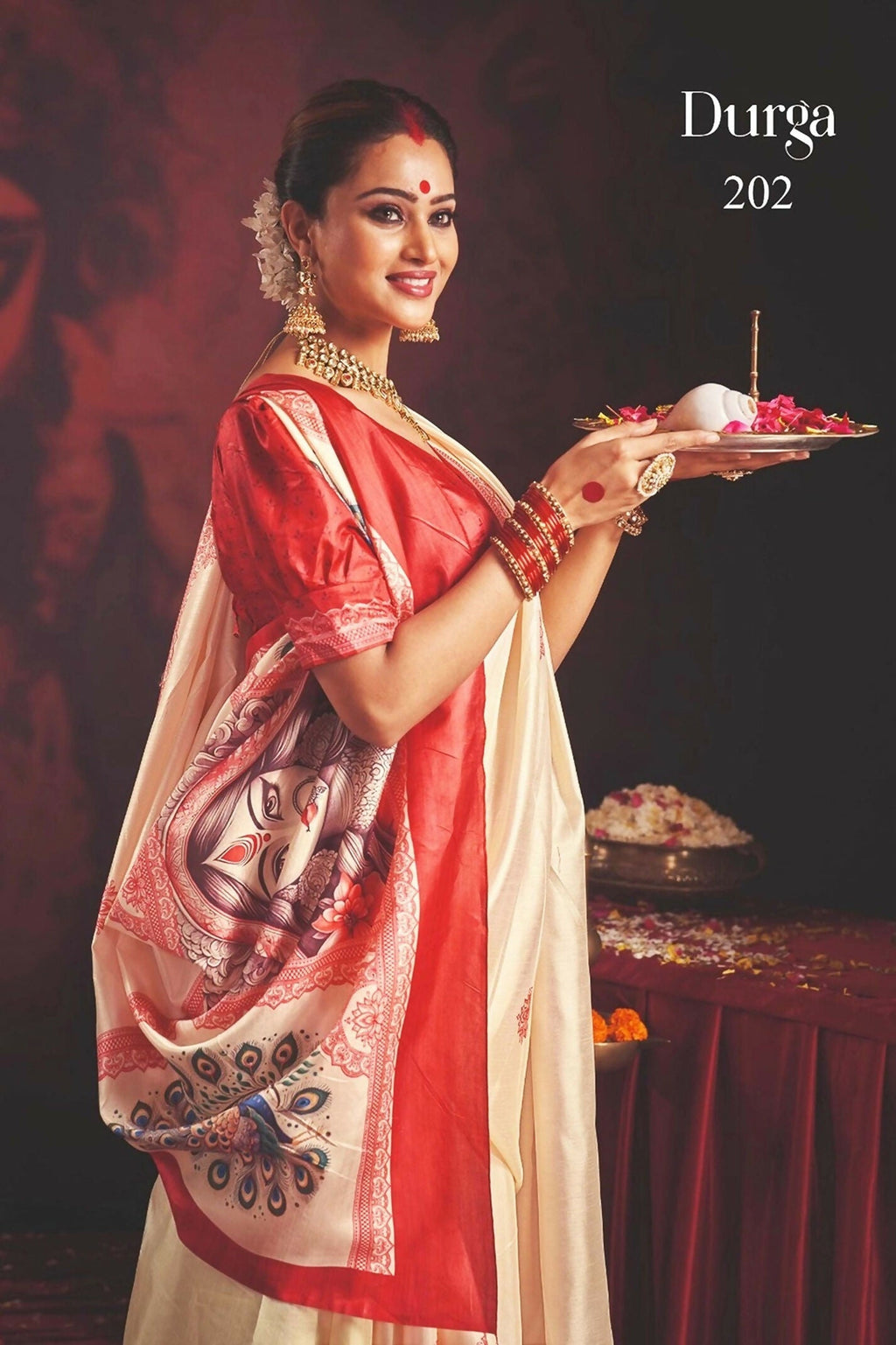 Off White Silk Blend Garad Saree with Red Blouse