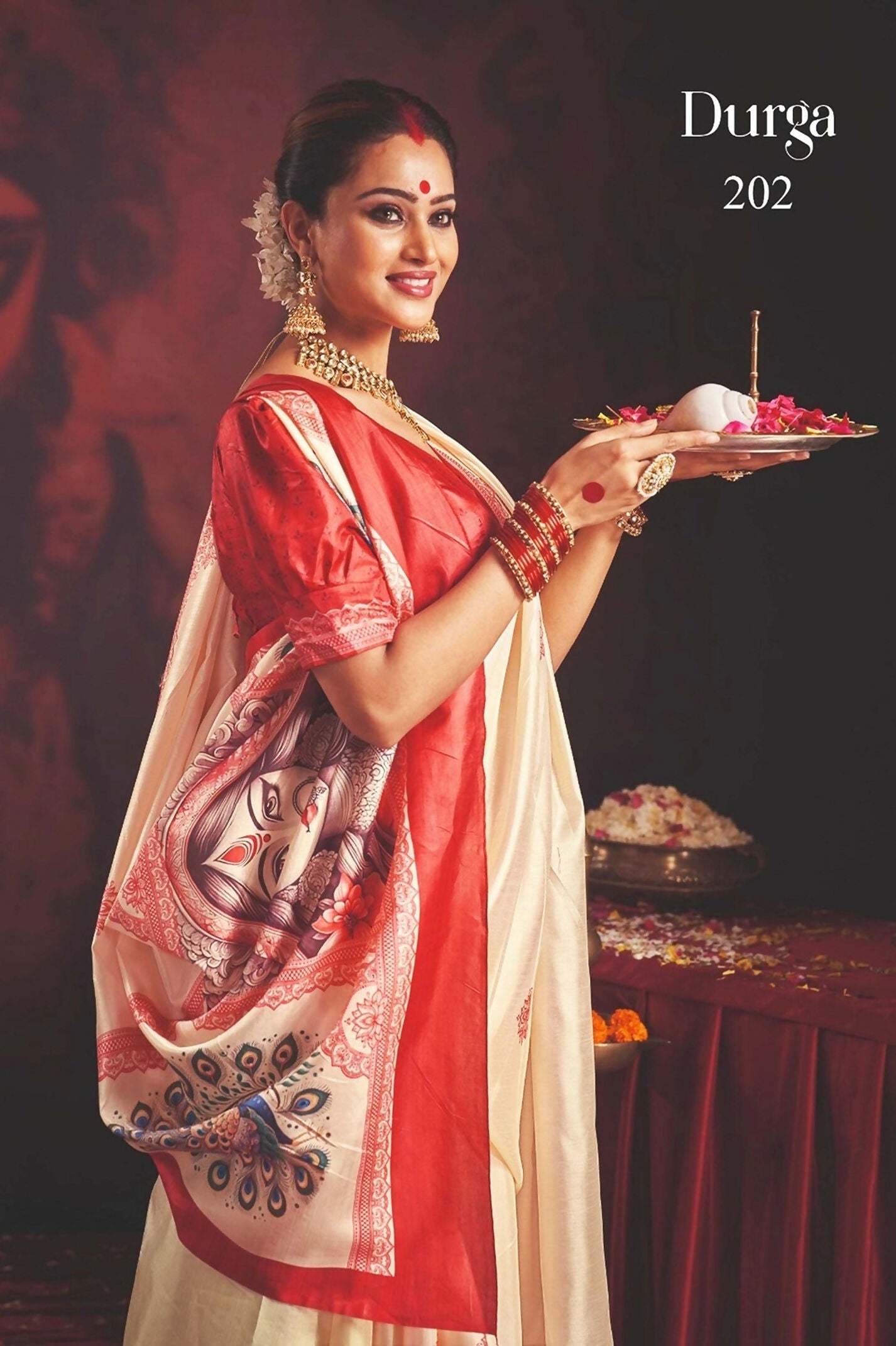Off White Silk Blend Garad Saree with Red Blouse