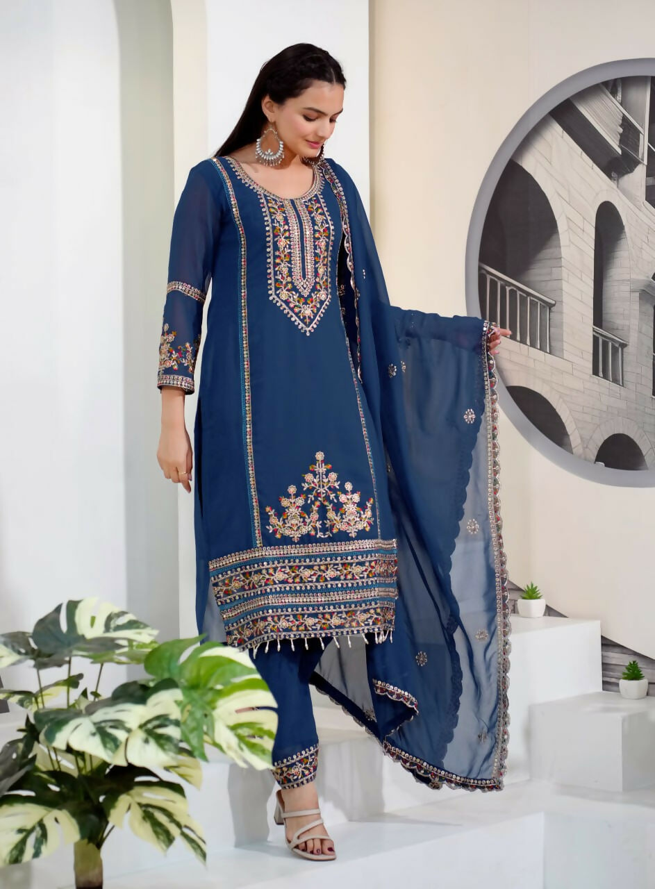 Blue Georgette Embroidered Kurti Set with Matching Pant & Dupatta