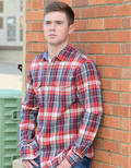 Men's long sleeve top with plaid pattern in red, navy, and white featuring cuff details.