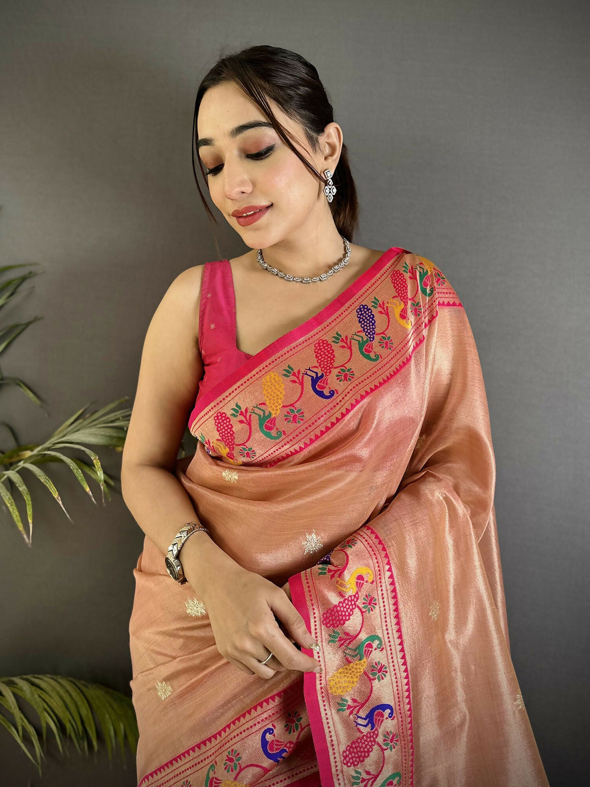 Dark Peach Tissue Paithani Saree with Traditional Zari Weaving