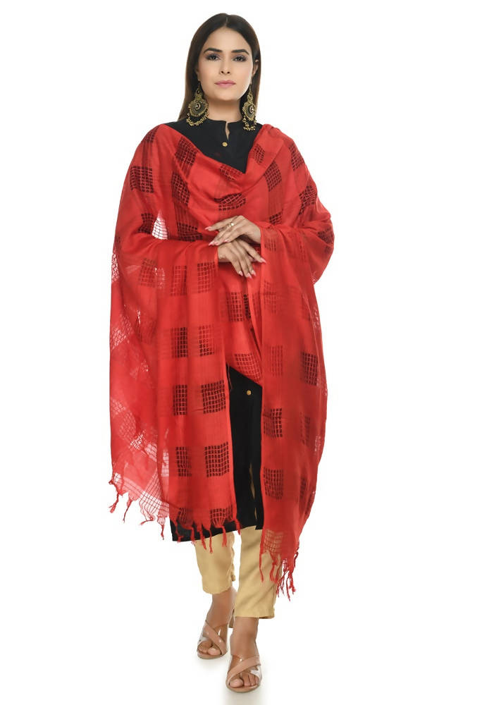 Red Window Pattern Cotton Dupatta for Women - 2.40m