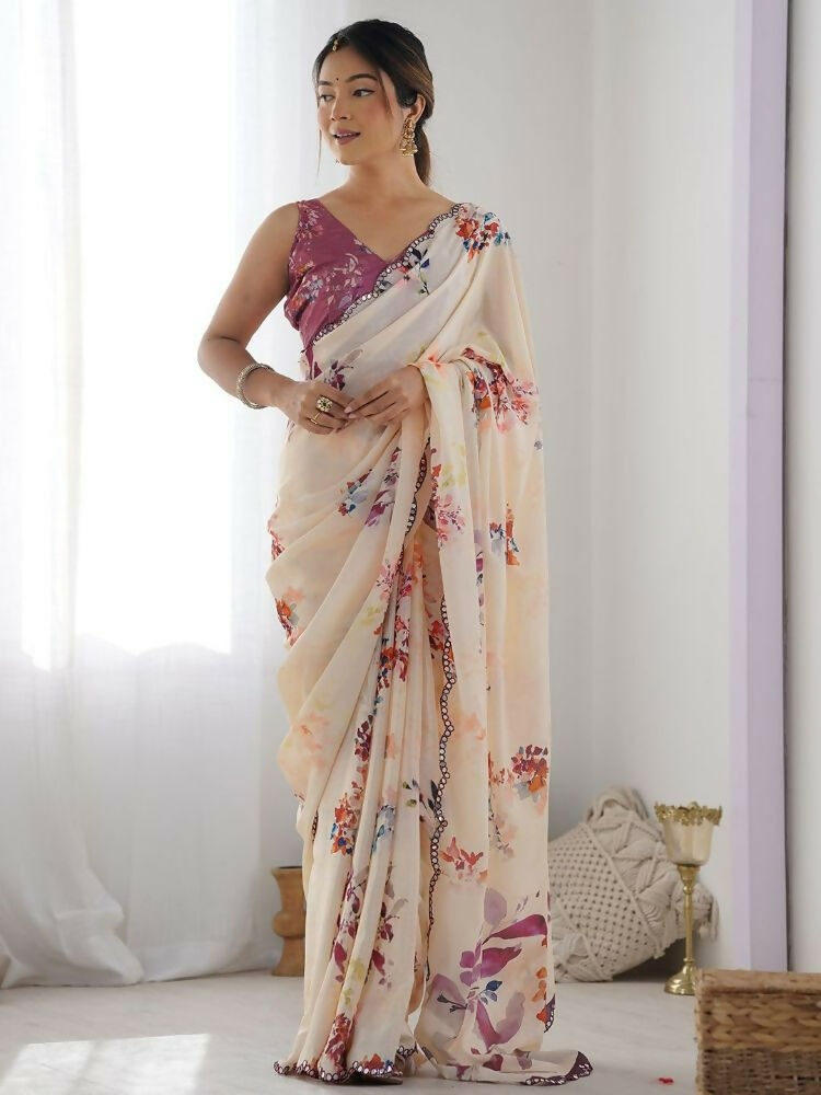 Cream Georgette Saree with Digital Print and Mirror Work