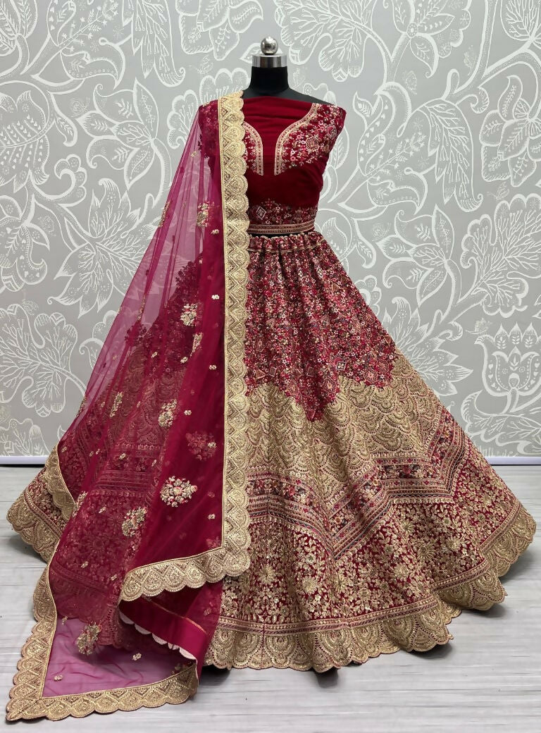 Rani pink velvet lehenga choli with diamond and dori embroidery detail