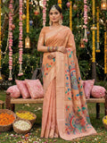 Lightweight peach linen cotton saree with matching blouse