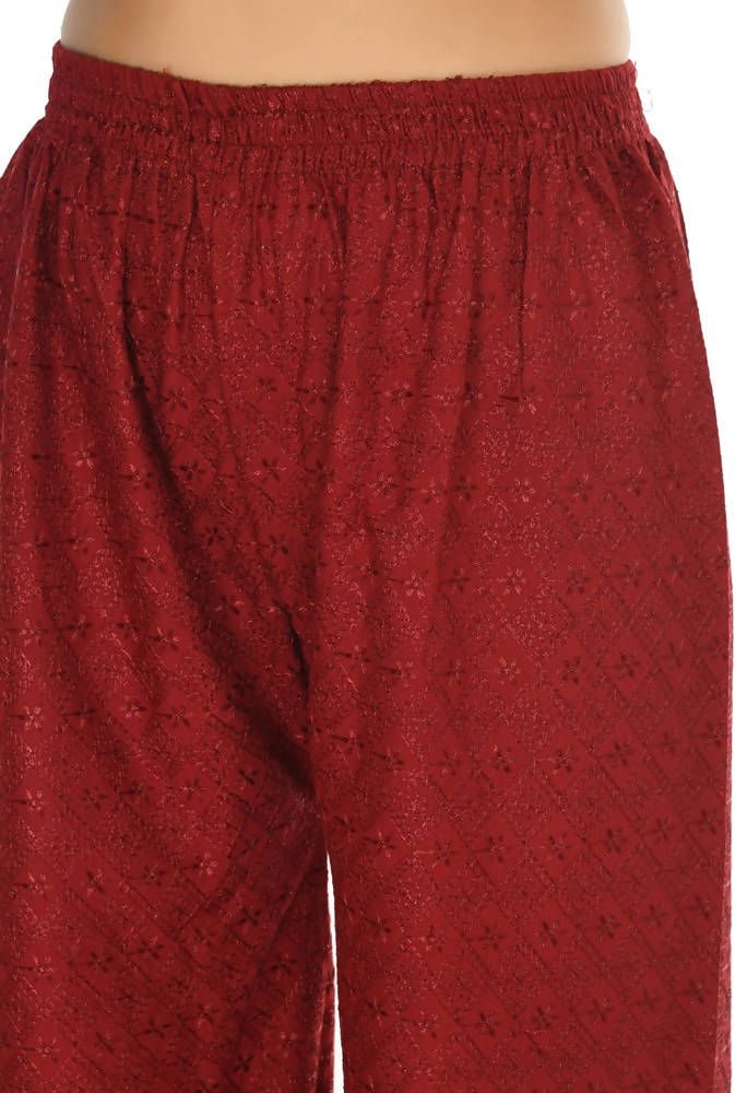 Maroon Rayon Cotton Palazzo Pants with Elegant Chikankari Work