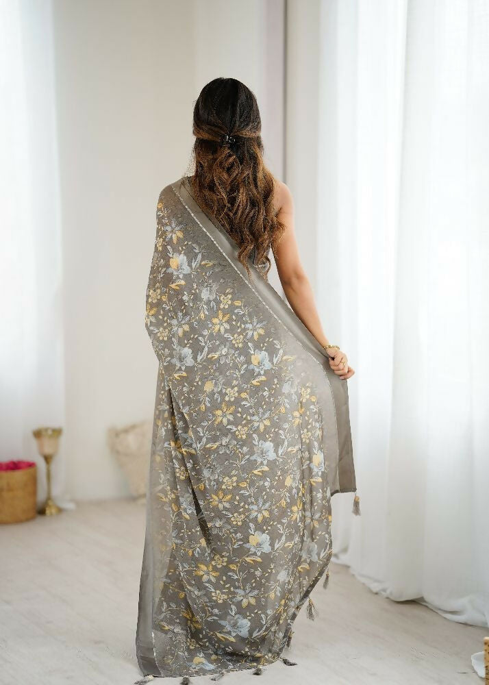 Grey Bright Moss Satin Patta Printed Saree