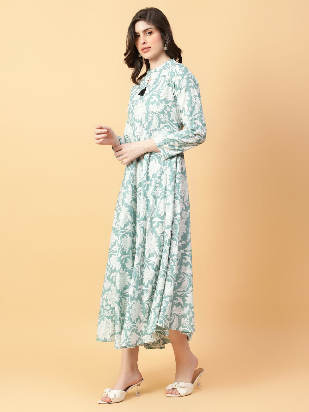 Green Cotton Printed Hand Work Dress