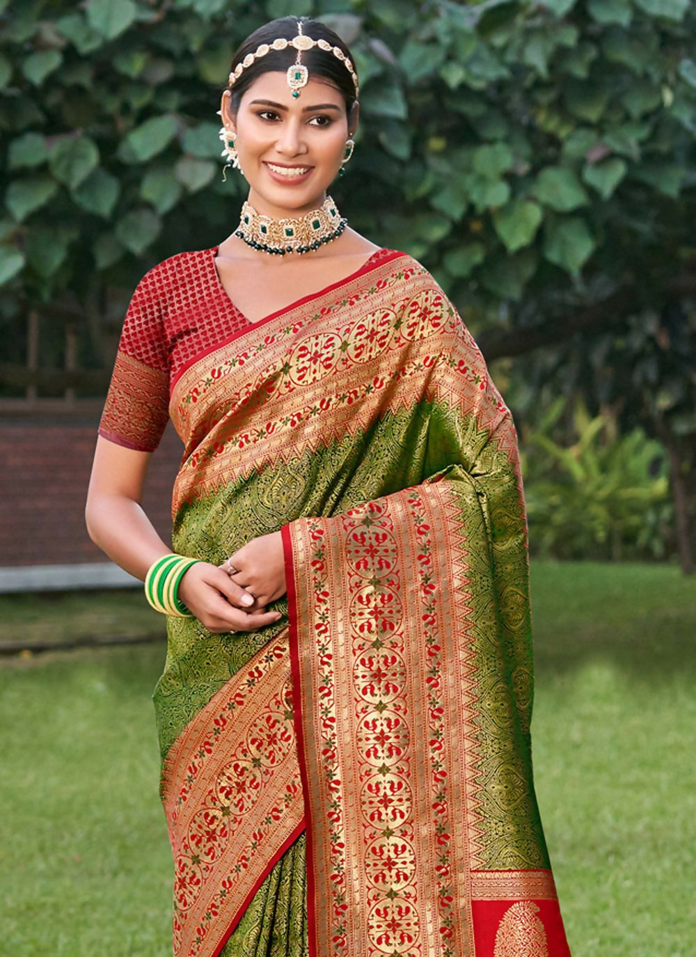 Mehandi Golden Banarasi Silk Saree with Matching Blouse Piece