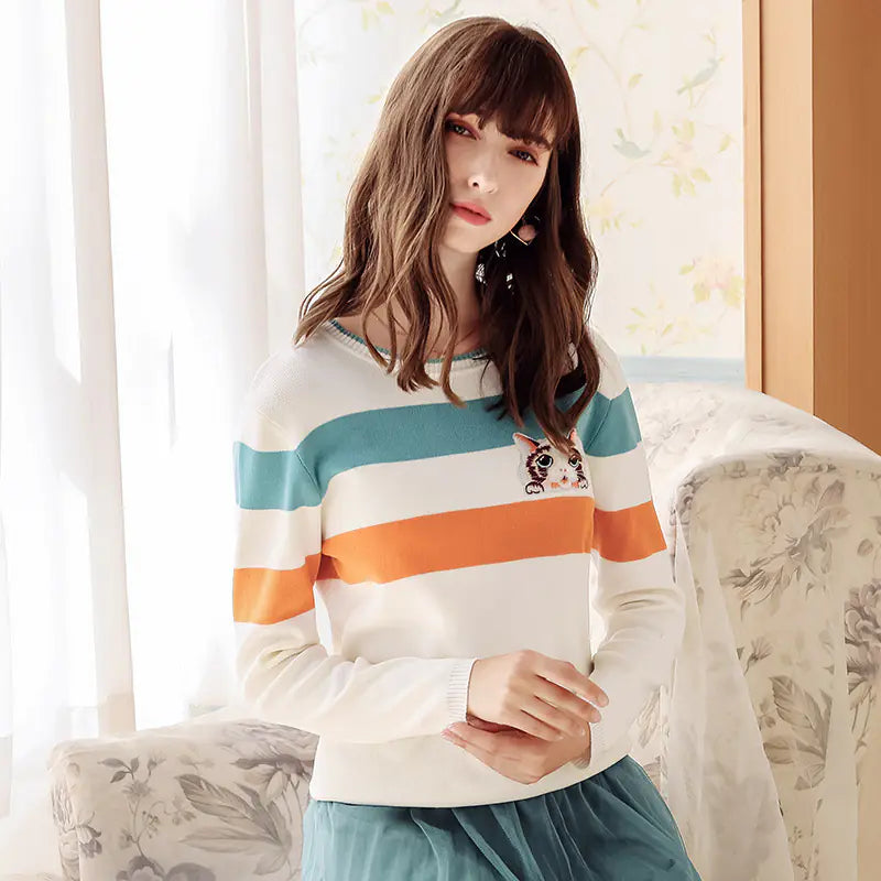 Cartoon Cat Striped Knit Pullover Sweater Cream Blue Orange - Image 3