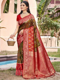 Elegant Mehndi green Pochampally silk saree with matching blouse piece draped elegantly.