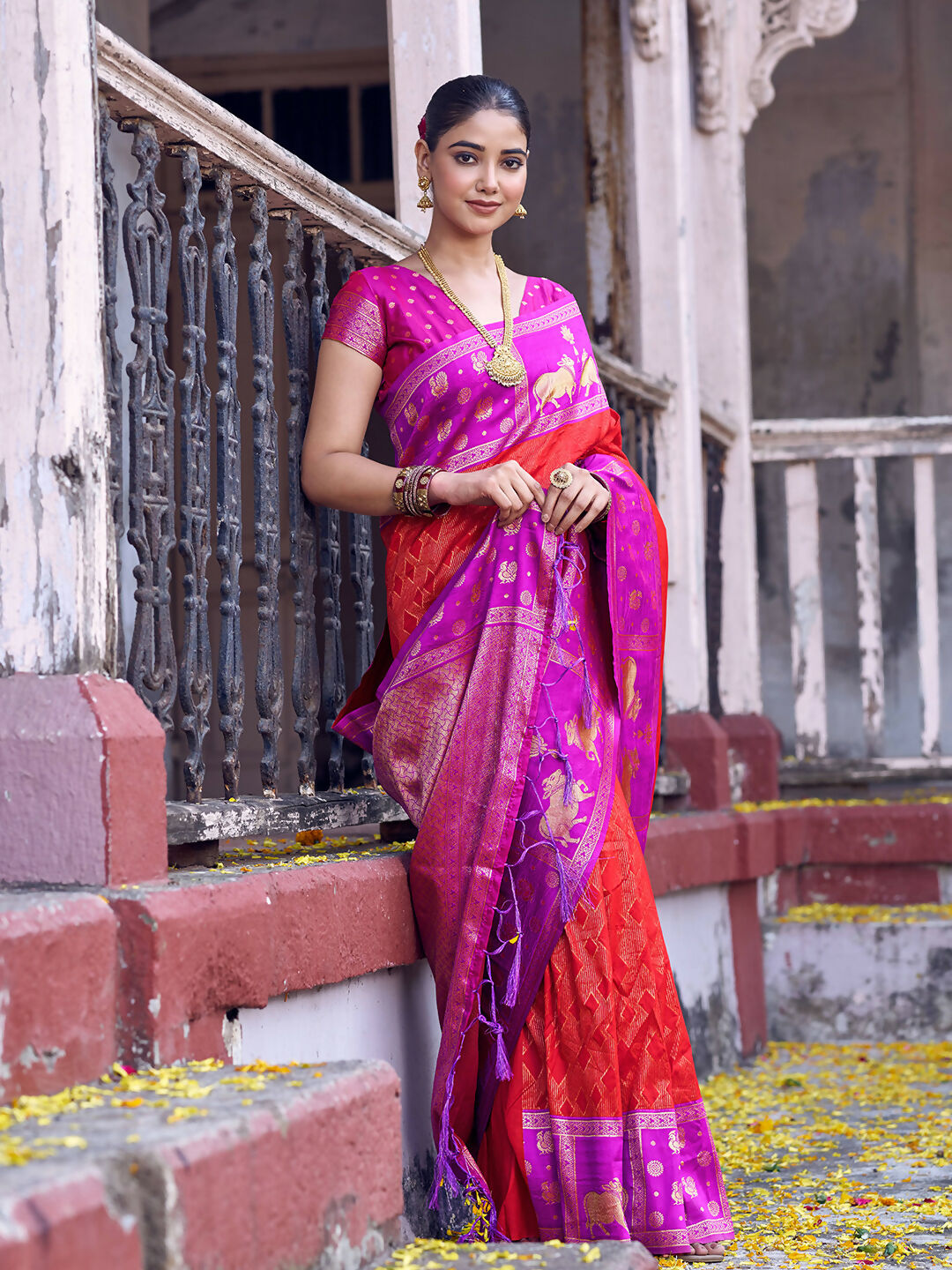 Red Soft Silk Saree with Purple Blouse Traditional Ethnic Wear