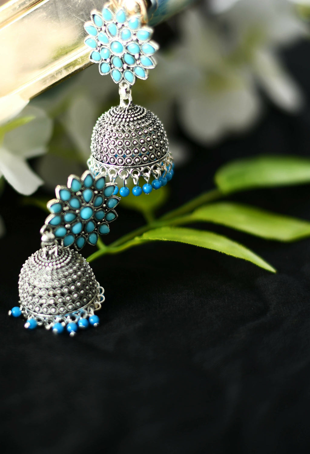Joharkamal Kundan Jhumka Earrings with Sky Blue Beaded Accents