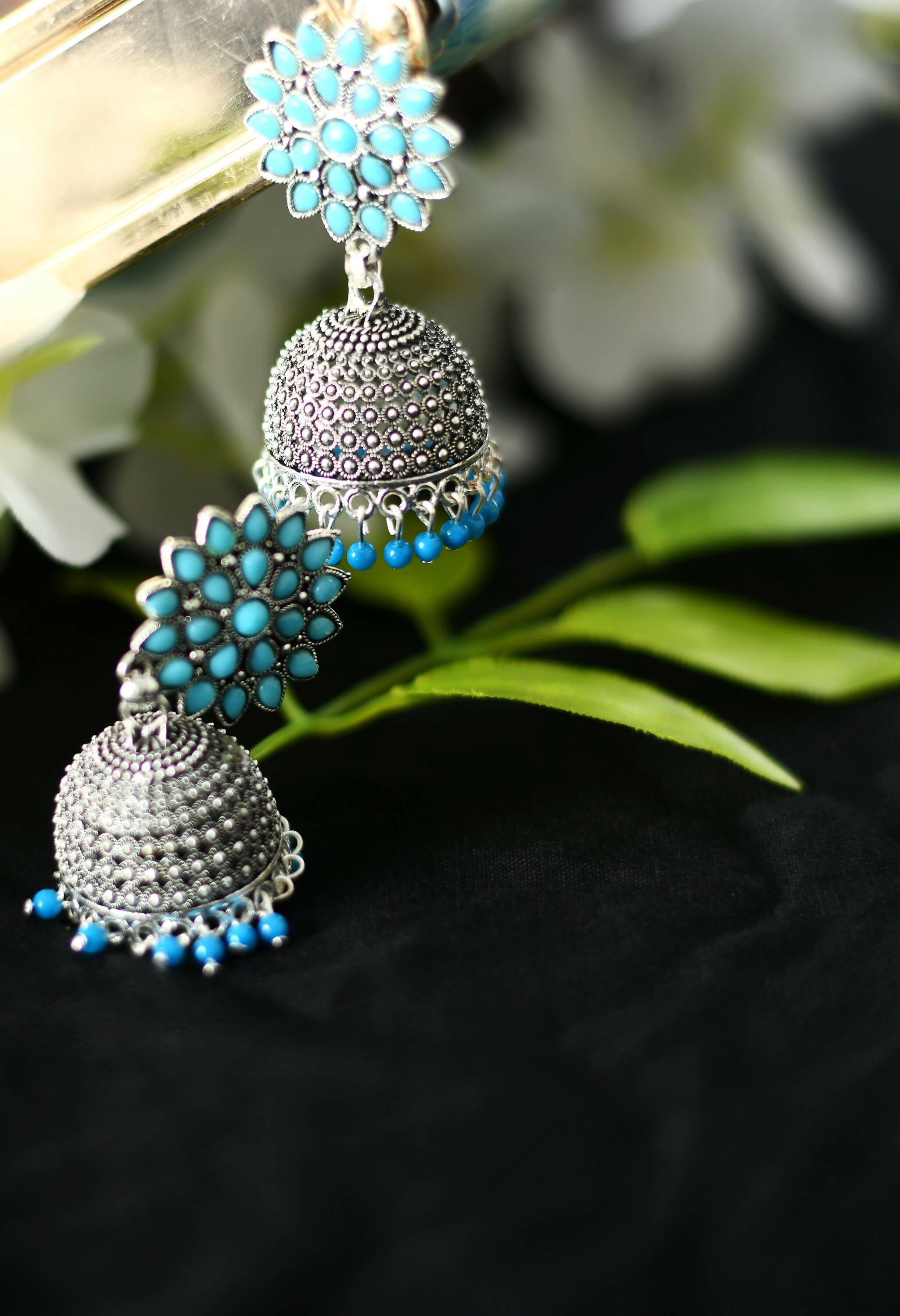 Joharkamal Kundan Jhumka Earrings with Sky Blue Beaded Accents