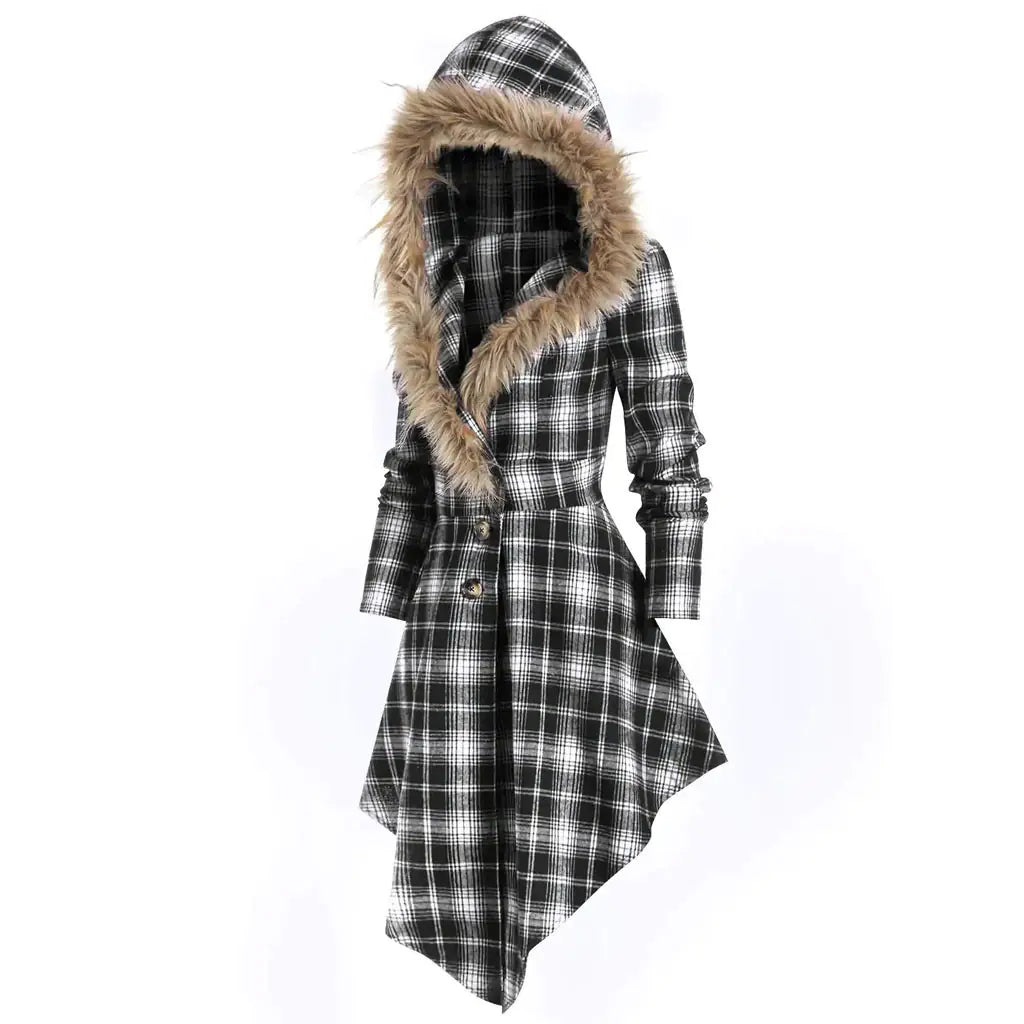New Women's Winter Plaid Coat with Hood and Belt
